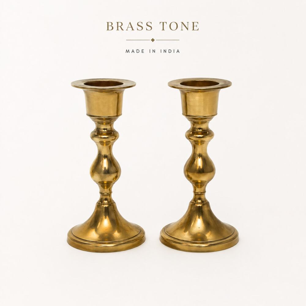 Pair Brass Tone Candlestick Holders Made in India Traditional Decor